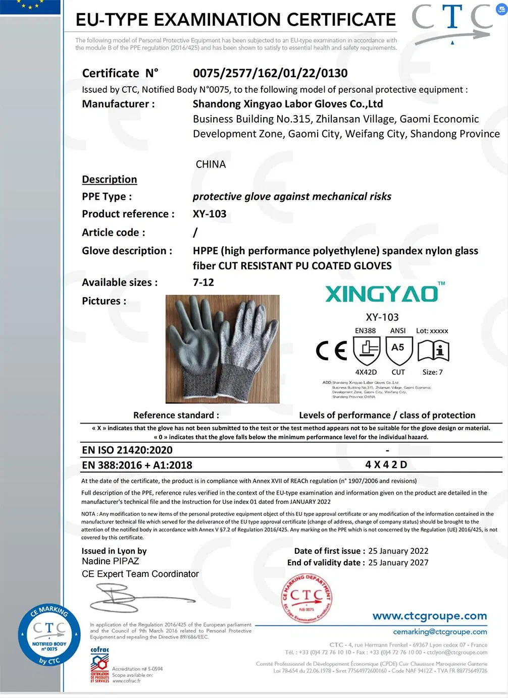 En388 ANSI5 Nylon &amp; Hppe &amp; Glass Fiber Liner PU (Polyurethane) Coated Anti Cut Resistant Cutting Proof Work Safety Hand Protection Knitted Gloves