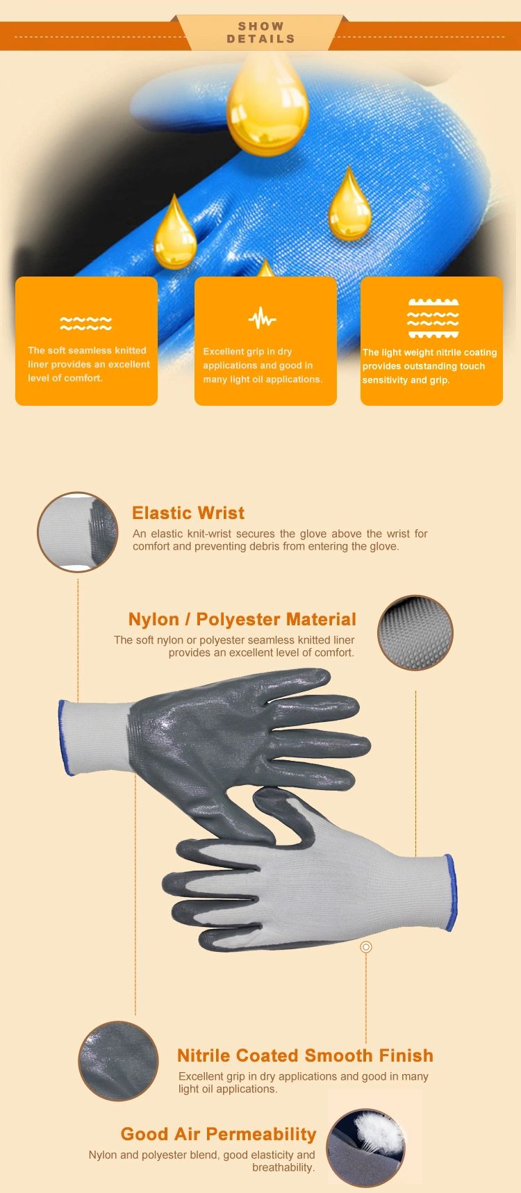 Nylon Polyester Seamless Nitrile Coated Safety Work Gloves Guantes Luvas CE 3121X