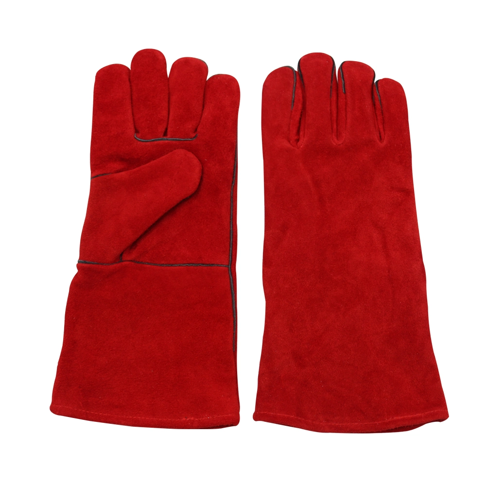 Welding Work Full Lining Cow Split Leather Red Long Fire Hand Protective Glove