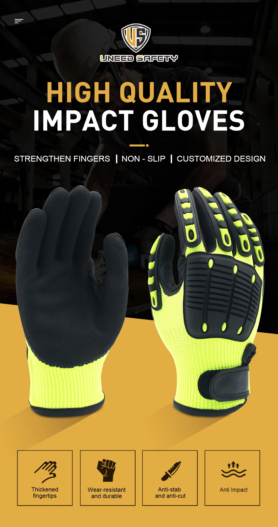 Cut and Impact Resistant TPR Sandy Nitrile Coated Anti Impact Anti-Vibration Protective Work Gloves