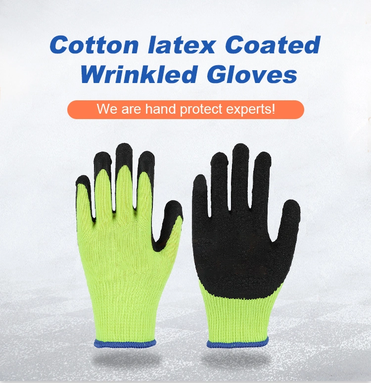 10 Gauge Yellow Cotton Gloves Textured Wrinkle Latex Dipped Safety Working Gloves