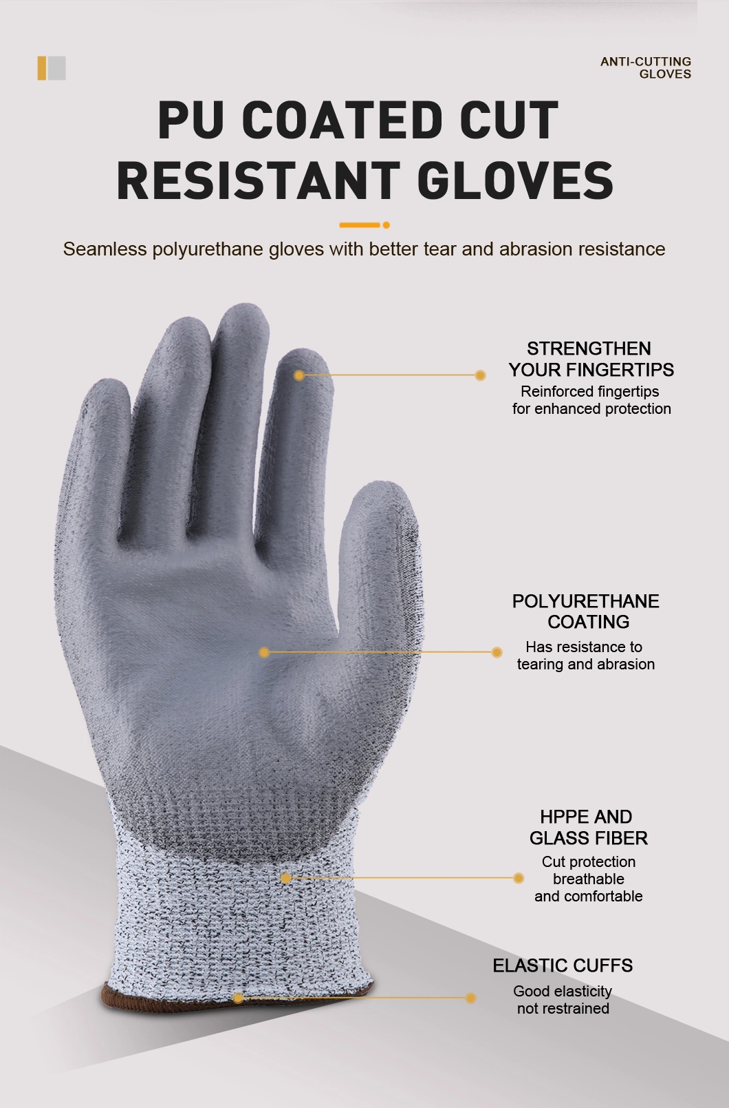 13G Seamless Mechanic Work Safety PU Cut Proof Resistant Labor Glove for Industrial Woking