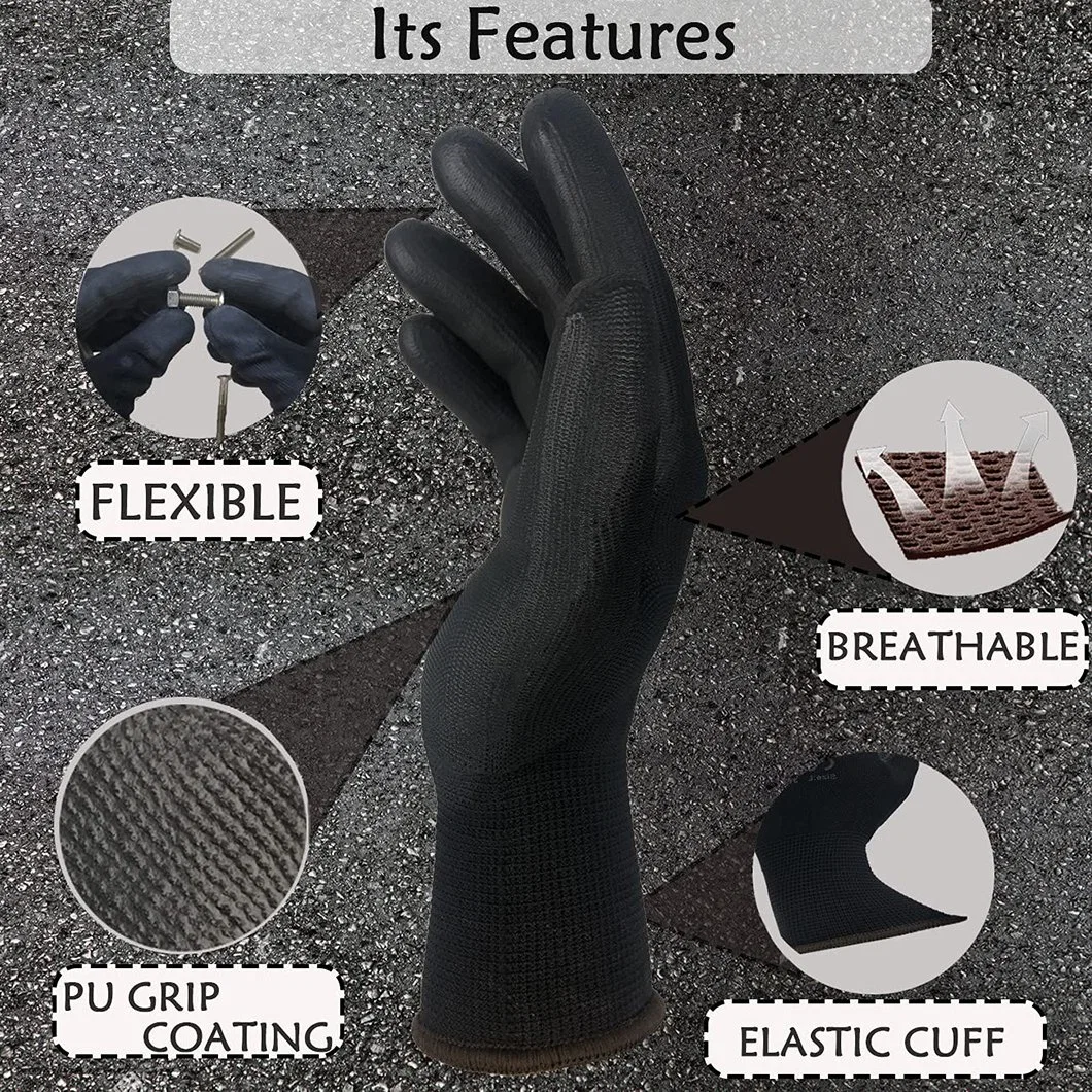 Factoryshop En388 Level3 Wear Resistant 13gauge Black Polyester Shell PU (Polyurethane) Smooth Coated Seamless Knit Work Safety Fit Gloves