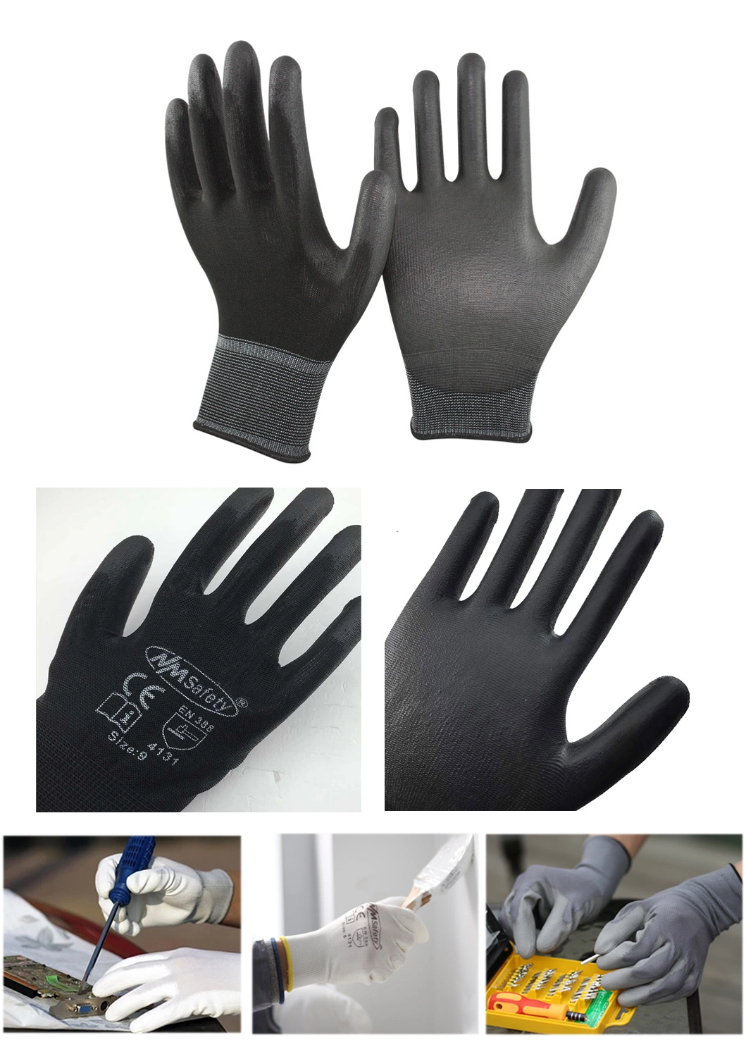 Nmsafety En388 Black Coated PU Hardware General Home Appliances Work Safety Gloves