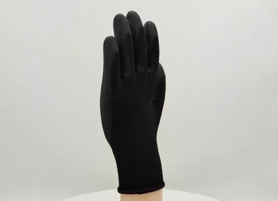Factoryshop En388 Level3 Wear Resistant 13gauge Black Polyester Shell PU (Polyurethane) Smooth Coated Seamless Knit Work Safety Fit Gloves